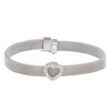 Sterling Silver Rhodium Plated Heart Clear CZ Mesh Bracelet
