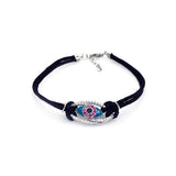 Black Cord Bracelet with Fancy Sterling Silver Evil Eye Charm Paved with Clear & Pink CZ