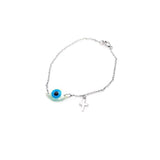Sterling Silver Bracelet with Evil Eye and Small Side Cross