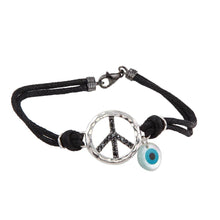 Load image into Gallery viewer, Black Cord Bracelet with Sterling Silver Peace Sign Paved with Black CZ and Side Evil Eye Charm