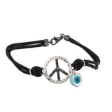 Black Cord Bracelet with Sterling Silver Peace Sign Paved with Black CZ and Side Evil Eye Charm
