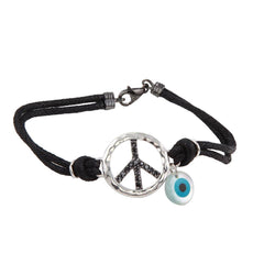 Black Cord Bracelet with Sterling Silver Peace Sign Paved with Black CZ and Side Evil Eye Charm