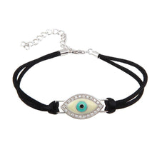 Load image into Gallery viewer, Black Cord Bracelet with Sterling Silver Evil Eye Charm Paved with Clear CZ