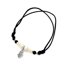 Load image into Gallery viewer, Black Cord Bracelet with Centered Sterlilng Silver Hasma Hand and Multi Peral Beads On the Side