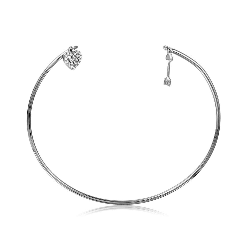 Sterling Silver Rhodium Plated Open Bangle With Hanging CZ Heart And Arrow