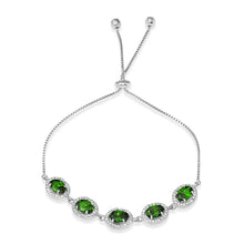 Load image into Gallery viewer, Sterling Silver Rhodium Plated 5 Micro Pave Green Oval and Clear Round CZ Lariat Bracelet