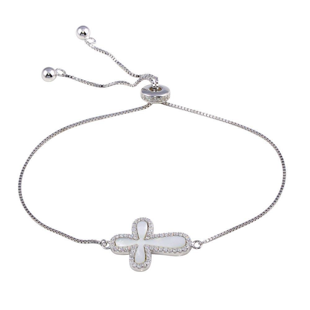 Sterling Silver Rhodium Plated Lariat Side Way Mother of Pearl Cross CZ Bracelet