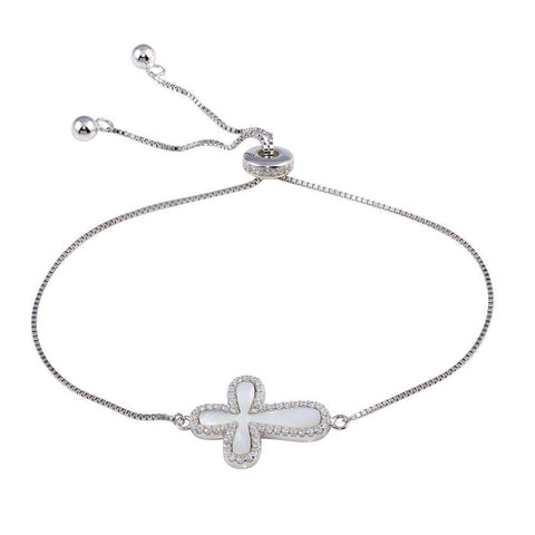 Sterling Silver Rhodium Plated Lariat Side Way Mother of Pearl Cross CZ Bracelet