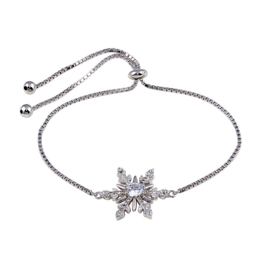 Sterling Silver Rhodium Plated Lariat Snow Flake CZ Bracelet - silverdepot