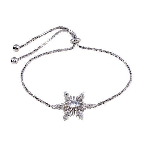 Sterling Silver Rhodium Plated Lariat Snow Flake CZ Bracelet