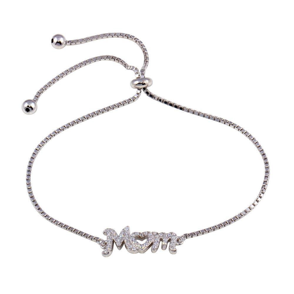 Sterling Silver Rhodium Plated Lariat Mom CZ Bracelet