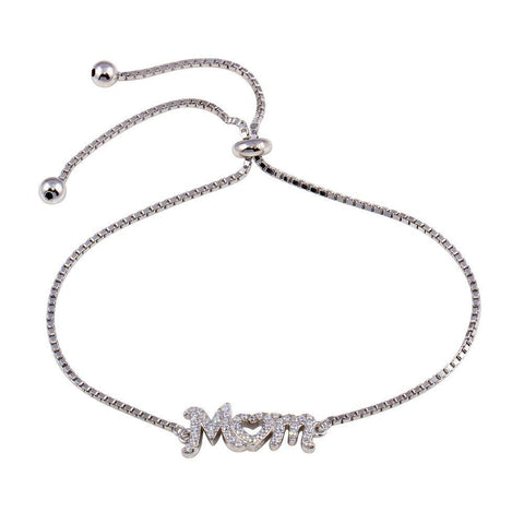 Sterling Silver Rhodium Plated Lariat Mom CZ Bracelet