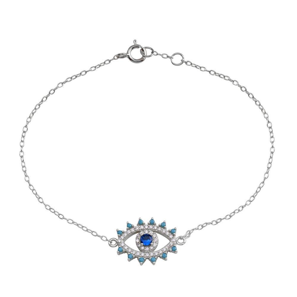Sterling Silver Rhodium Plated Evil Eye Blue CZ Heart Bracelet