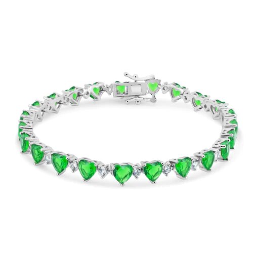 Sterling Silver Rhodium Plated Heart Green CZ 6mm Tennis Bracelet