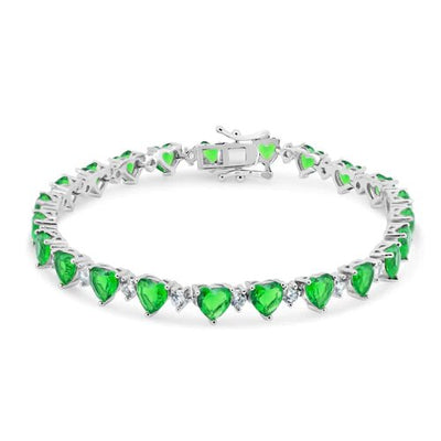 Sterling Silver Rhodium Plated Heart Green CZ 6mm Tennis Bracelet