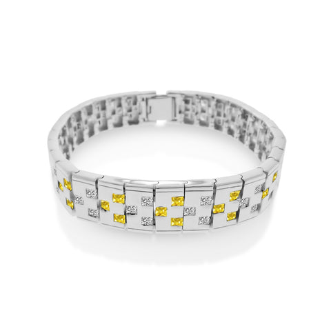 Men's Sterling Silver Rhodium Plated Yellow and Clear CZ Domino Design Bracelet-9