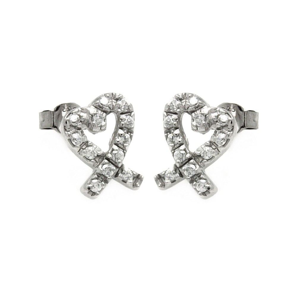Sterling Silver Rhodium Plated Heart Shape Stud Earrings With CZ Stones