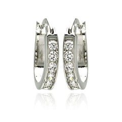 Sterling Silver Rhodium Plated Oval Hoop Earrings With CZ Stones