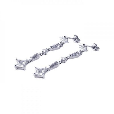 Sterling Silver Trendy Baguette and Princess Cut Clear Cz Dangle Stud Earring