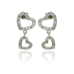 Sterling Silver Trendy Paved Double Open Hearts Design Dangle Stud Earring
