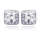 Sterling Silver Nickel Free Rhodium Plated Square Cluster Shaped Stud Earring With CZ Stones