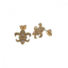 Load image into Gallery viewer, Sterling Silver Yellow Gold Plated Fashionable Fleur De Lis With CZ Stud EarringsAnd Earring Dimensions of 14MMx13MM