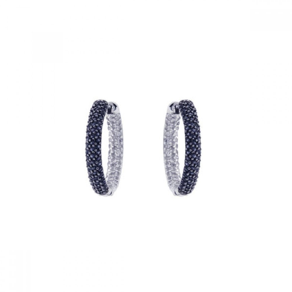 Sterling Silver Nickel Free Rhodium Plated Round Shape Hoop Earrings With Black CZ Stones