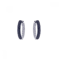 Sterling Silver Nickel Free Rhodium Plated Round Shape Hoop Earrings With Black CZ Stones
