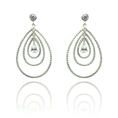 Sterling Silver Fancy Three Layered Graduated Beaded Teardrop Design with Centered Clear Cz Dangle Stud Earring