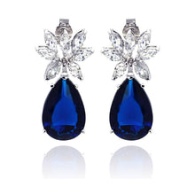Load image into Gallery viewer, Sterling Silver  Nickel Free Rhodium Plated Blue Teardrop And Clear Marquise CZ Dangling Stud Earring