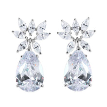 Load image into Gallery viewer, Sterling Silver Nickel Free Rhodium Plated Flower Pear Shaped  Dangling Stud Earring With CZ Stones