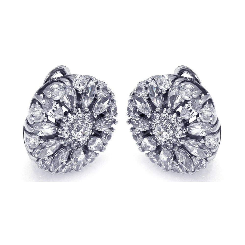 Sterling Silver Fancy Flower Cluster Clear Cz Design Clip-On Earring