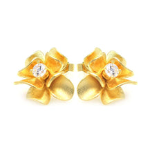 Load image into Gallery viewer, Sterling Silver Nickel Free Gold Rhodium Plated Flower Rund Shaped  Stud Earring With CZ Stone