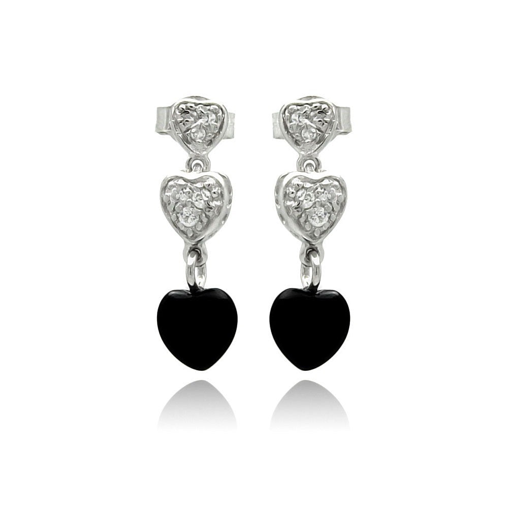 Sterling Silver Fancy Graduated Paved and Black Onyx Heart Design Dangle Stud EarringAnd Earring Height of 19.05MM