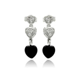 Sterling Silver Fancy Graduated Paved and Black Onyx Heart Design Dangle Stud EarringAnd Earring Height of 19.05MM