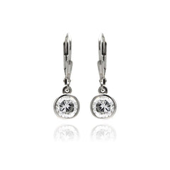 Sterling Silver Nickel Free Rhodium Plated Round Clear CZ Dangling Hook Earrings
