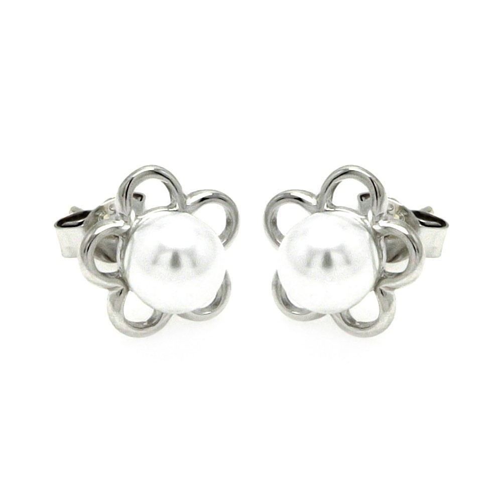 Sterling Silver Nickel Free Rhodium Plated Open Star Pearl Stud Earring