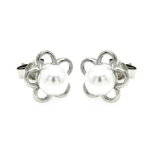 Load image into Gallery viewer, Sterling Silver Nickel Free Rhodium Plated Open Star Pearl Stud Earring