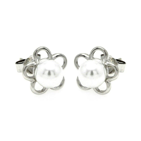 Sterling Silver Nickel Free Rhodium Plated Open Star Pearl Stud Earring