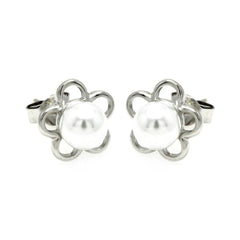 Sterling Silver Nickel Free Rhodium Plated Open Star Pearl Stud Earring