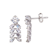 Load image into Gallery viewer, Sterling Silver Round Cut Clear Cz with Fancy Design Set with Tapered Baguette Clear Cz Chandelier Stud EarringAnd Earring Dimensions of 15MMx5MM