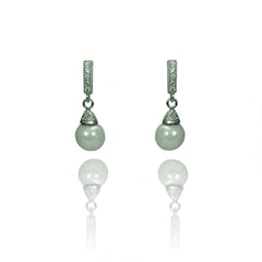Sterling Silver Classy Micro Paved Bar with White Pearl Drop Dangle Stud EarringAnd Earring Height of 17MM