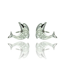 Load image into Gallery viewer, Sterling Silver Nickel Free Rhodium Plated Dolphin Shaped  Stud Earrings With CZ Stones