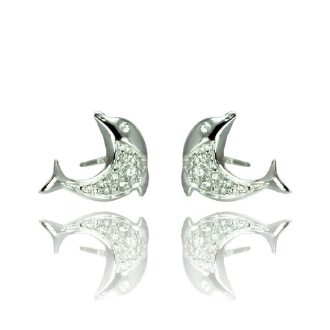 Sterling Silver Nickel Free Rhodium Plated Dolphin Shaped  Stud Earrings With CZ Stones