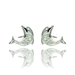 Sterling Silver Nickel Free Rhodium Plated Dolphin Shaped  Stud Earrings With CZ Stones