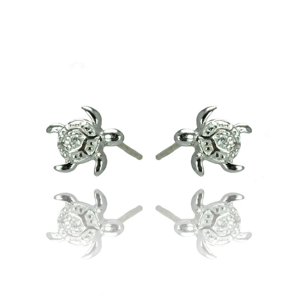Sterling Silver Nickel Free Rhodium Plated Turtle Shaped  Stud Earring With CZ Stones
