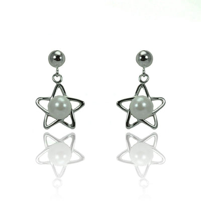 Sterling Silver Trendy Star Design with Centered White Pearl Drop Dangle Stud EarringAnd Earring Dimensions of 15MMx8MM