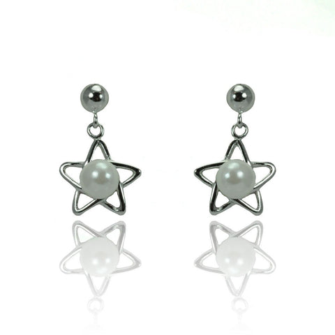 Sterling Silver Trendy Star Design with Centered White Pearl Drop Dangle Stud EarringAnd Earring Dimensions of 15MMx8MM