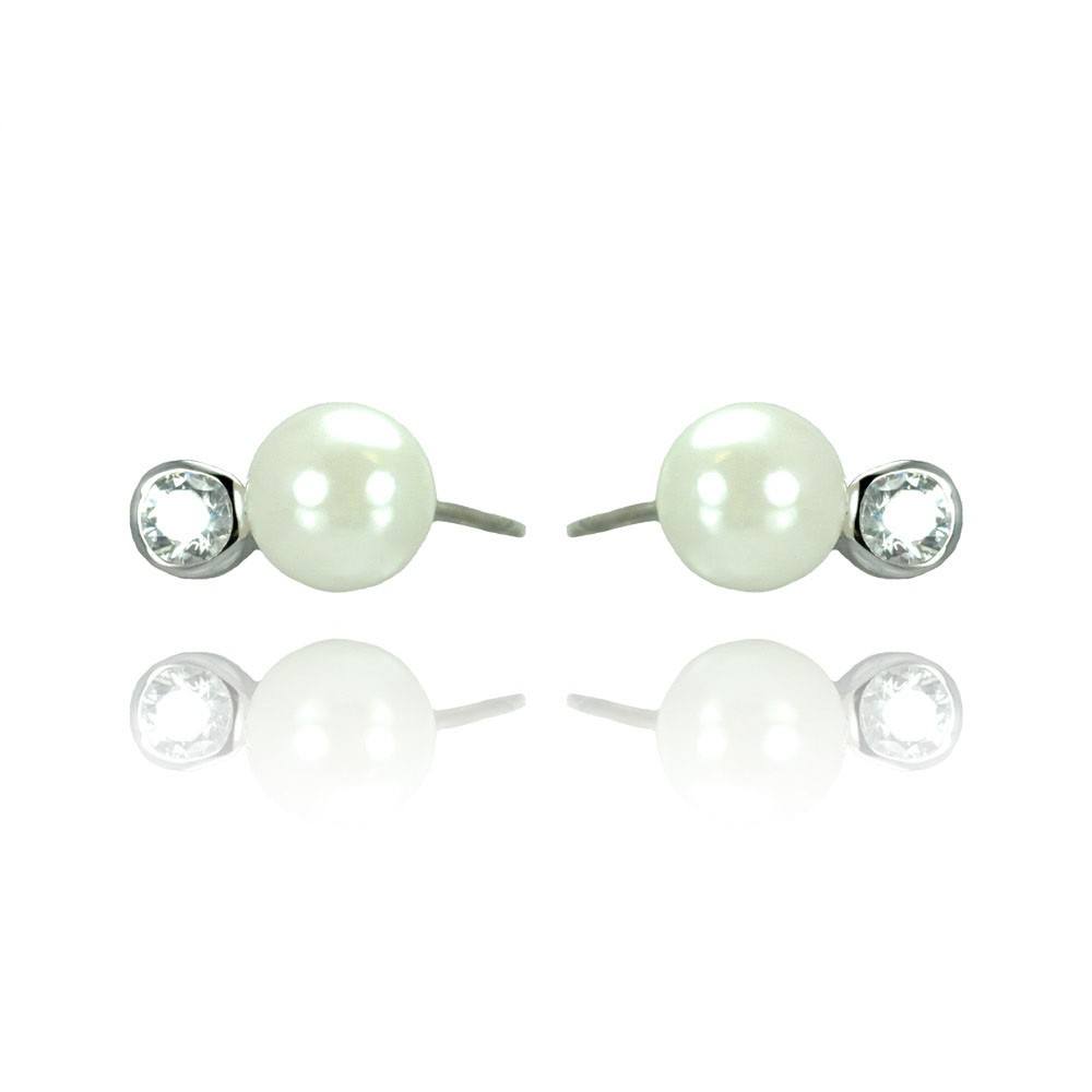 Sterling Silver Modish White Pearl with Single Clear Cz on Bezel Setting Stud EarringAnd Earring Dimensions of 6.5MMx4MM