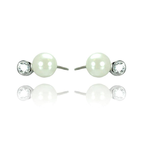 Sterling Silver Modish White Pearl with Single Clear Cz on Bezel Setting Stud EarringAnd Earring Dimensions of 6.5MMx4MM